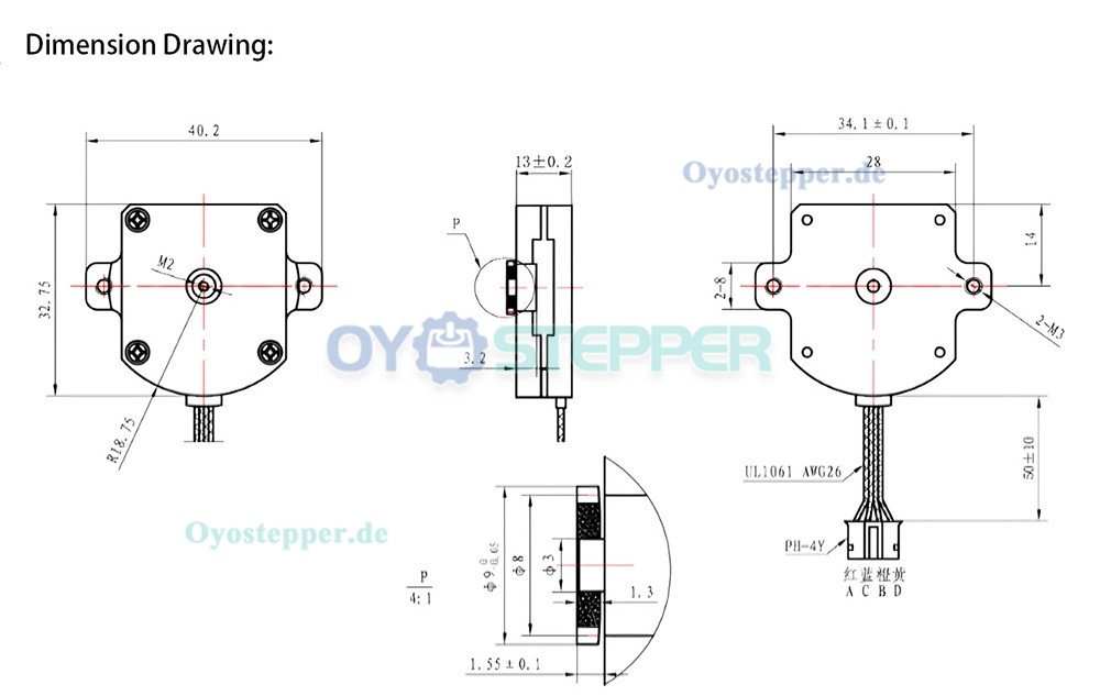 Oukeda NEMA 11 Flach-Schrittmotor mit Getriebe, 2-Phasen, 1,8°, 2,5 Ncm, 4-adrig, Pancake-Bauform